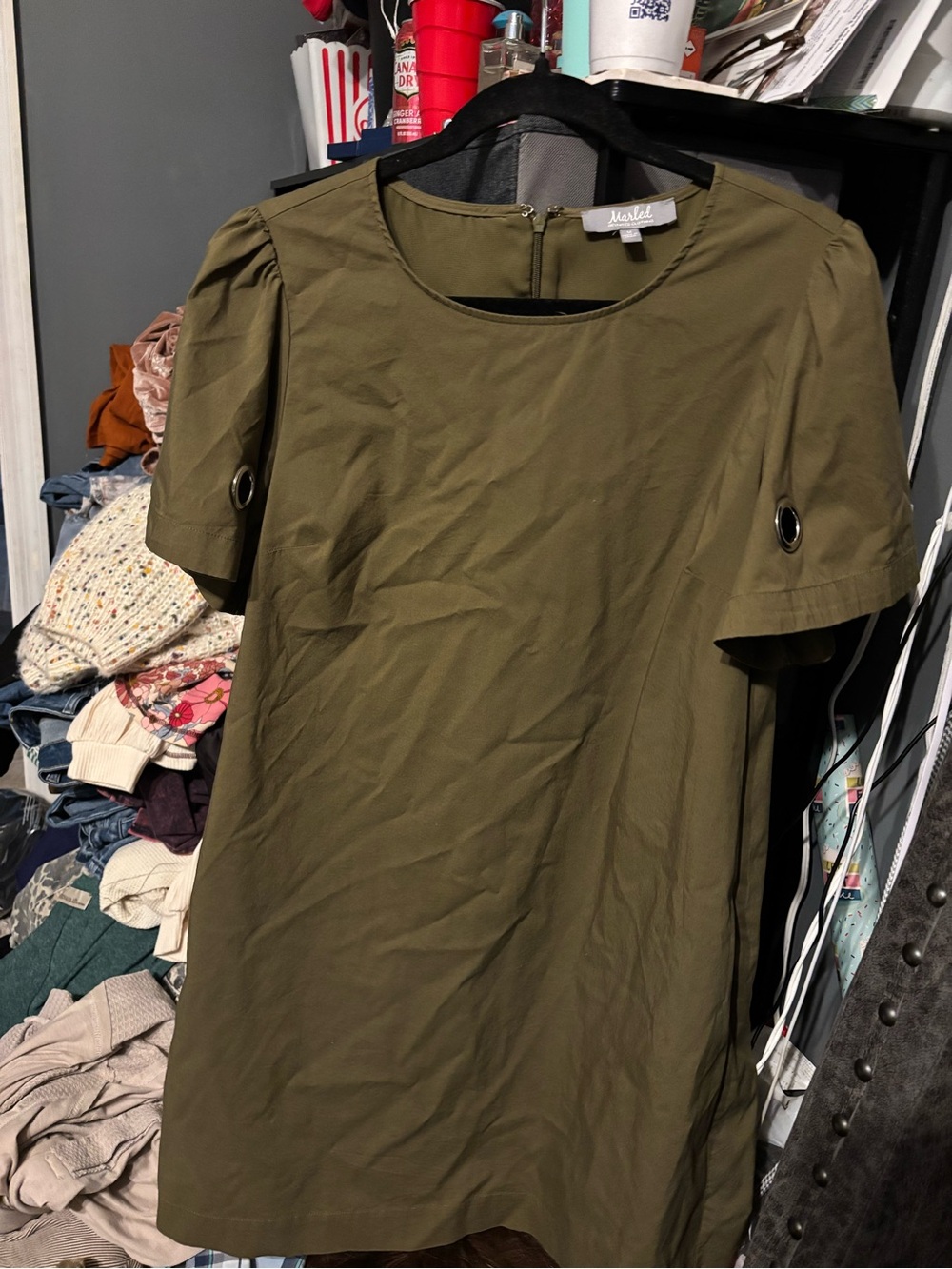 Marled Olive Green Short Sleeve Shift Dress Medium